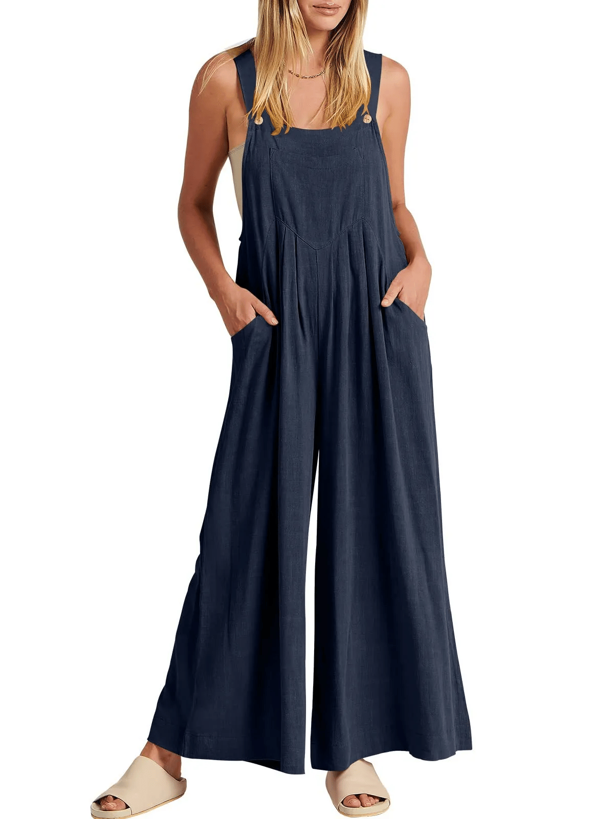 Ärmelloser Jumpsuit mit weitem Bein und Taschen