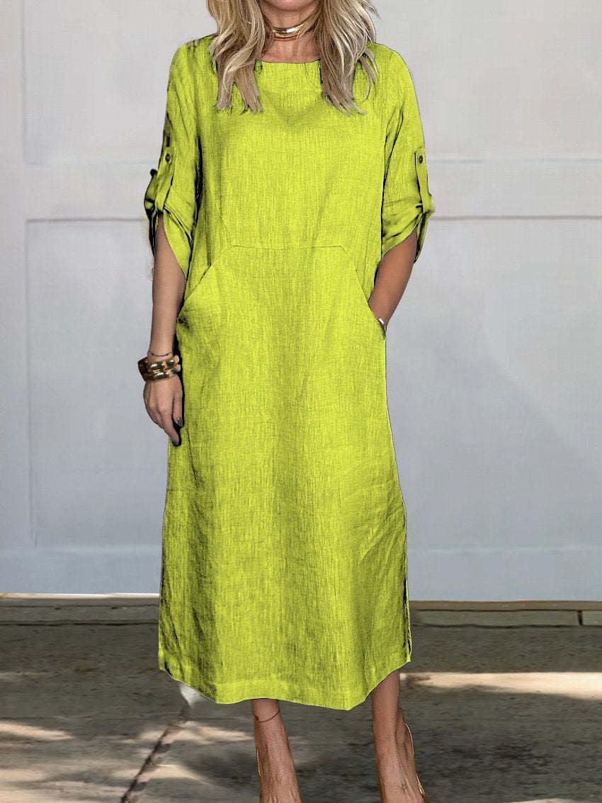 🔥HOT SALE🔥Women Summer Solid Color Linen Cotton Casual Double Side Pocket Dress(ALMOST SOLD OUT)