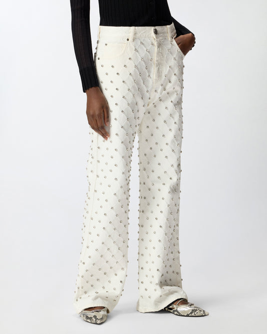 Wide-leg jeans with diamond pattern and rhinestones