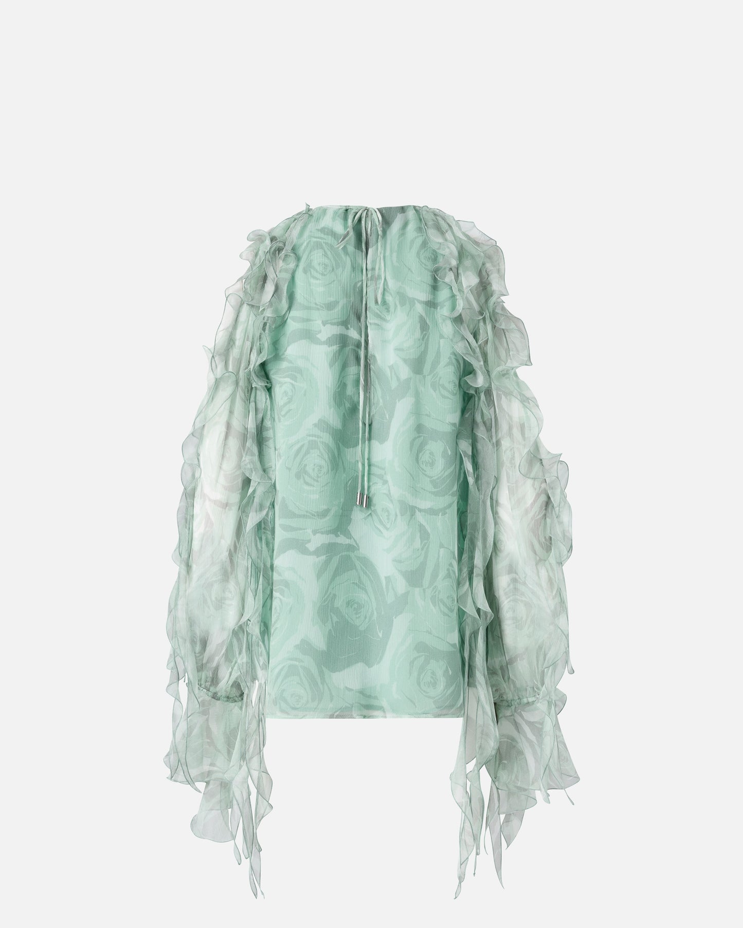 Silk blouse with rose print and open shoulders