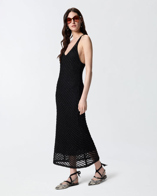 Crochet-effect midi dress with sequins