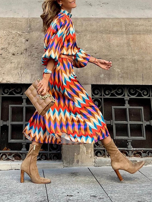 Elegant stand-up collar midi dress