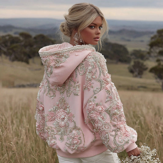 Damen Hoodie mit Blumenstickerei und langen Ärmeln, Rosa