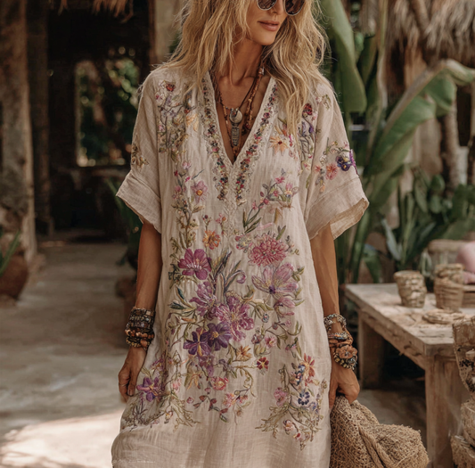 Damen Midi-Kleid mit Blumenstickerei und V-Ausschnitt