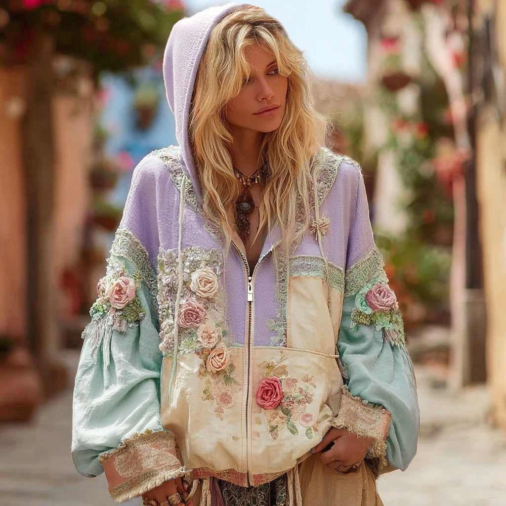 Damen Kapuzenpullover mit Blumenstickerei, Farbblock und Reißverschluss im Boho-Stil