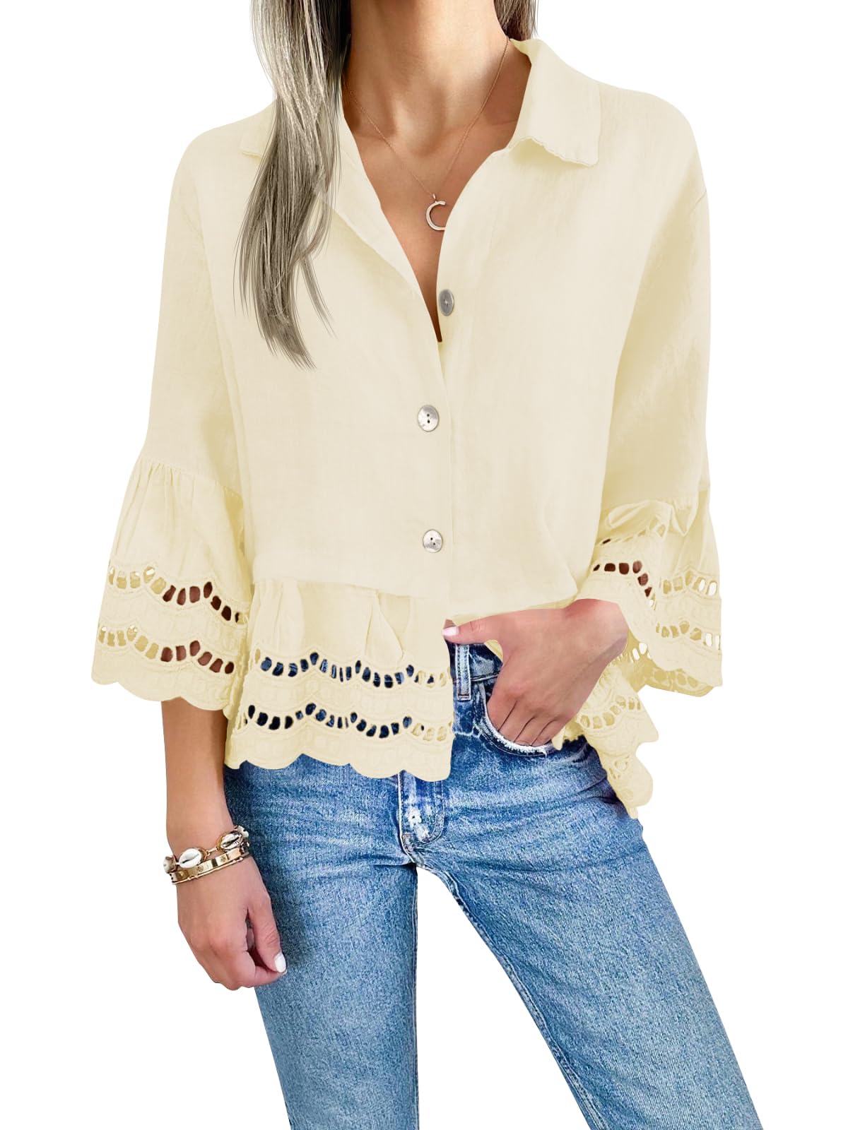 Damen-Bluse mit Ösen und Spitze (2 kaufen, kostenloser Versand)