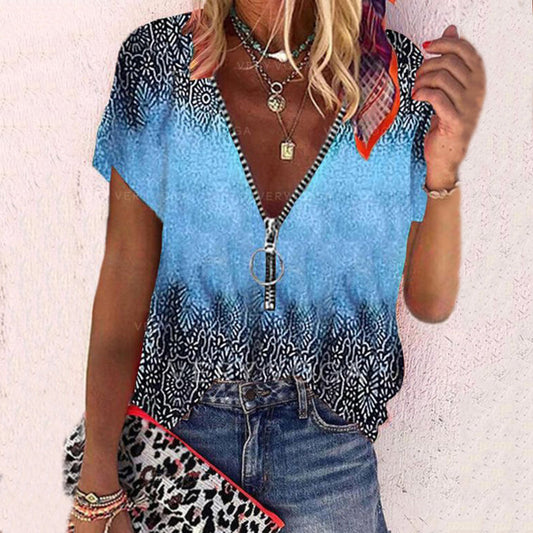Boho Tribal Print Color Block Bluse mit V-Ausschnitt und Reißverschluss