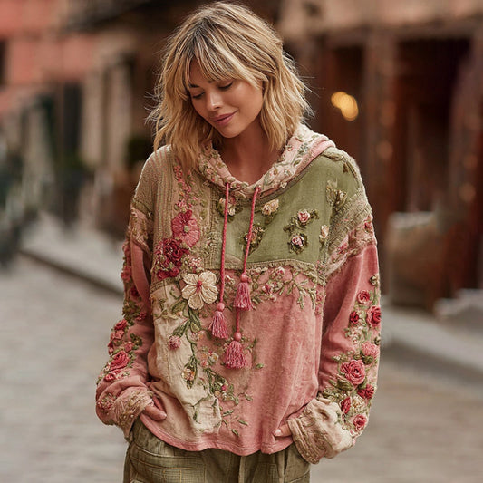 Damen Hoodie mit Blumenstickerei und Farbblock, lässiger Boho-Stil