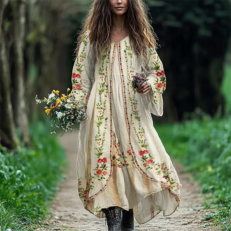 Vintage Boho Blumen-Maxikleid aus Leinenmix