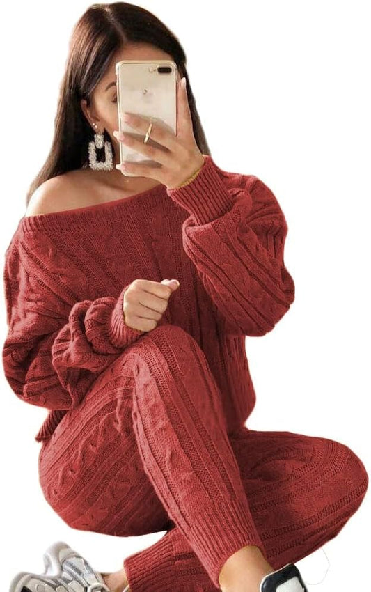 Damen Herbst Strick 2-teilige Outfits Pullover Shirt Top und Bodycon Hose Freizeit Jumpsuit Strampler Plus Size