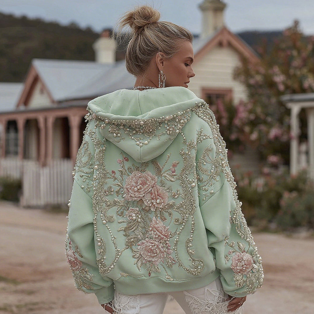 Damen Retro Boho Blumenstickerei Freizeit-Kapuzenpullover