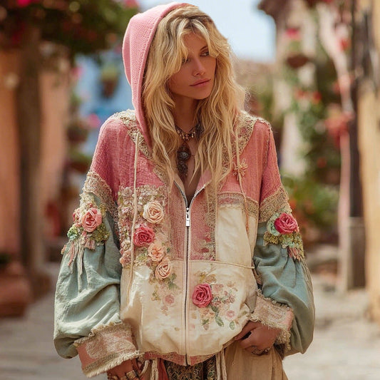Damen Kapuzenpullover mit Blumenstickerei, Farbblock und Reißverschluss im Boho-Stil