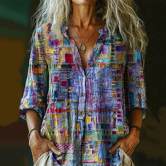 Damen Retro-Hemd aus Baumwolle und Leinen im Ethno-Patchwork-Stil mit Kunstdruck