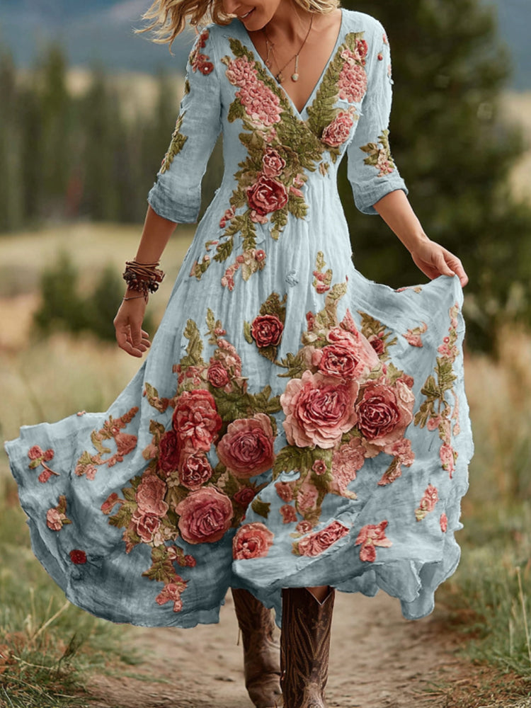 Damen Vintage Rosen Blumenkunst V-Ausschnitt Leinenmischung Bequemes Maxikleid