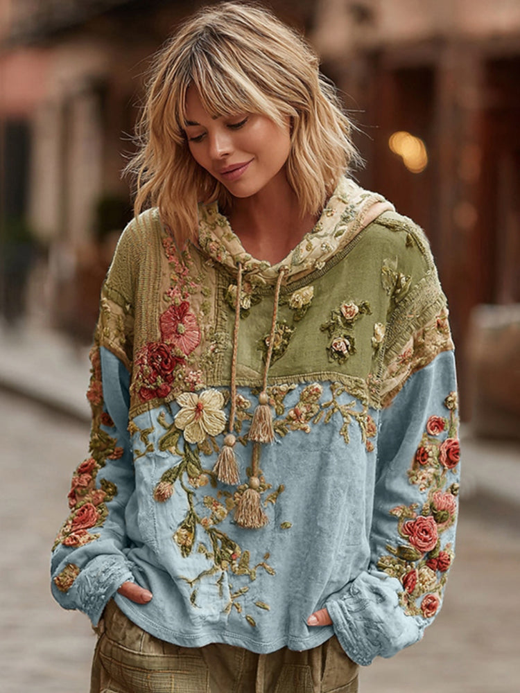 Damen Hoodie mit Blumenstickerei und Farbblock, lässiger Boho-Stil