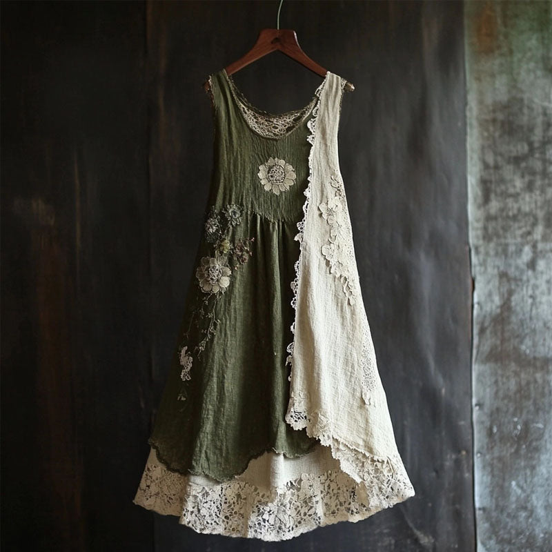 Vintage Floral Lace Patchwork Comfy Linen Tank Dress