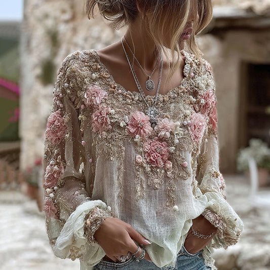 Damen-T-Shirt aus Leinenmischung mit Rundhalsausschnitt, langen Ärmeln und rosa Rosenstickerei