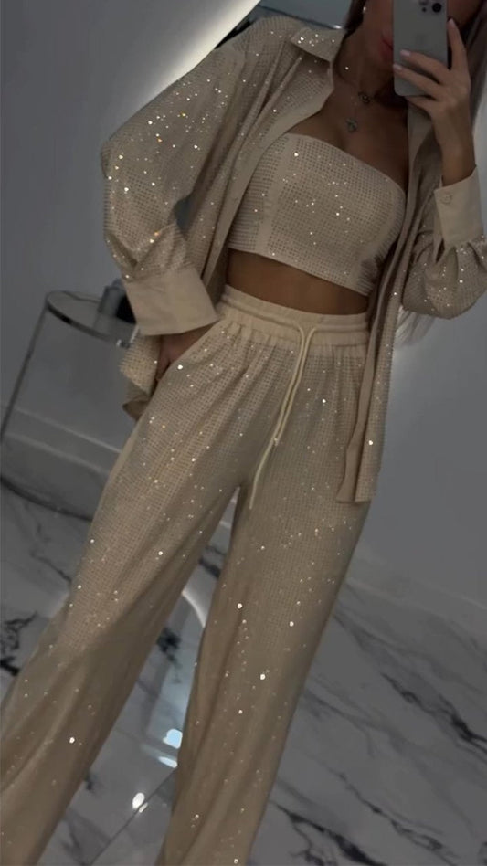 Damen-Revers-Strass-Freizeit-Dreiteiler