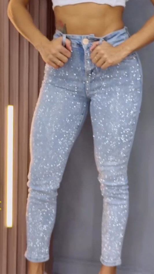 Damen einseitig elastische Jeans mit Strass, schmale Passform, lässig