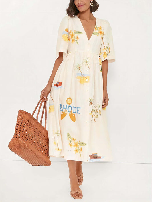 Unique floral print puff sleeve vacation midi dress