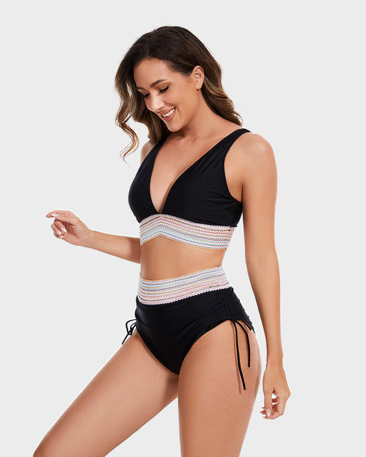 High Waisted Bauchweg-Bikini-Sets mit Farbblock