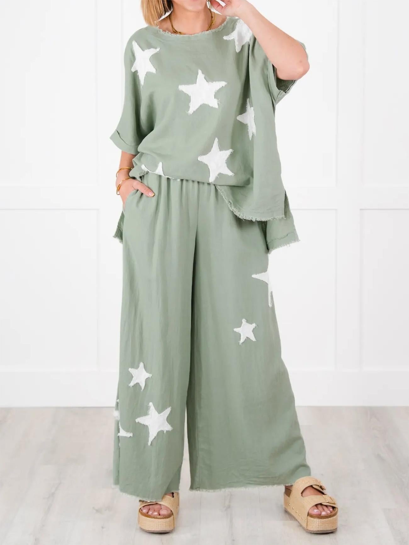 Zweiteiler-Set für Damen mit Stern-Patch im Freizeit-Stil (2 kaufen, kostenloser Versand)