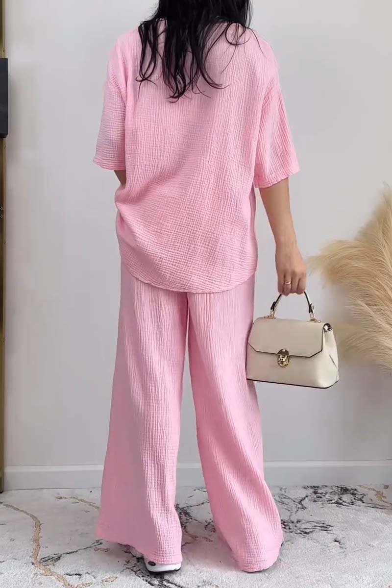 Damen Casual V-Ausschnitt Kurzarm Einfarbig Zweiteiler Set