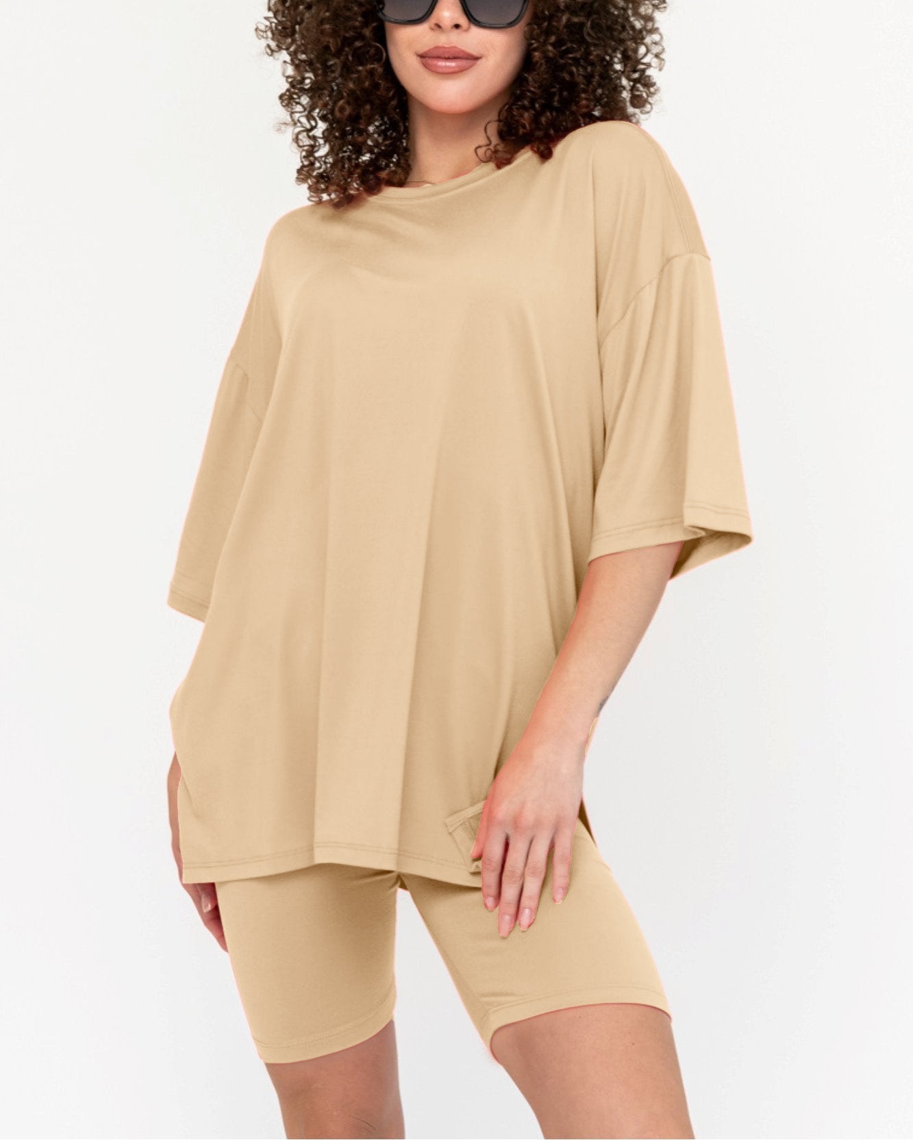 Damen Sommer Oversized Biker-Set mit Rundhalsausschnitt (2 kaufen, kostenloser Versand)
