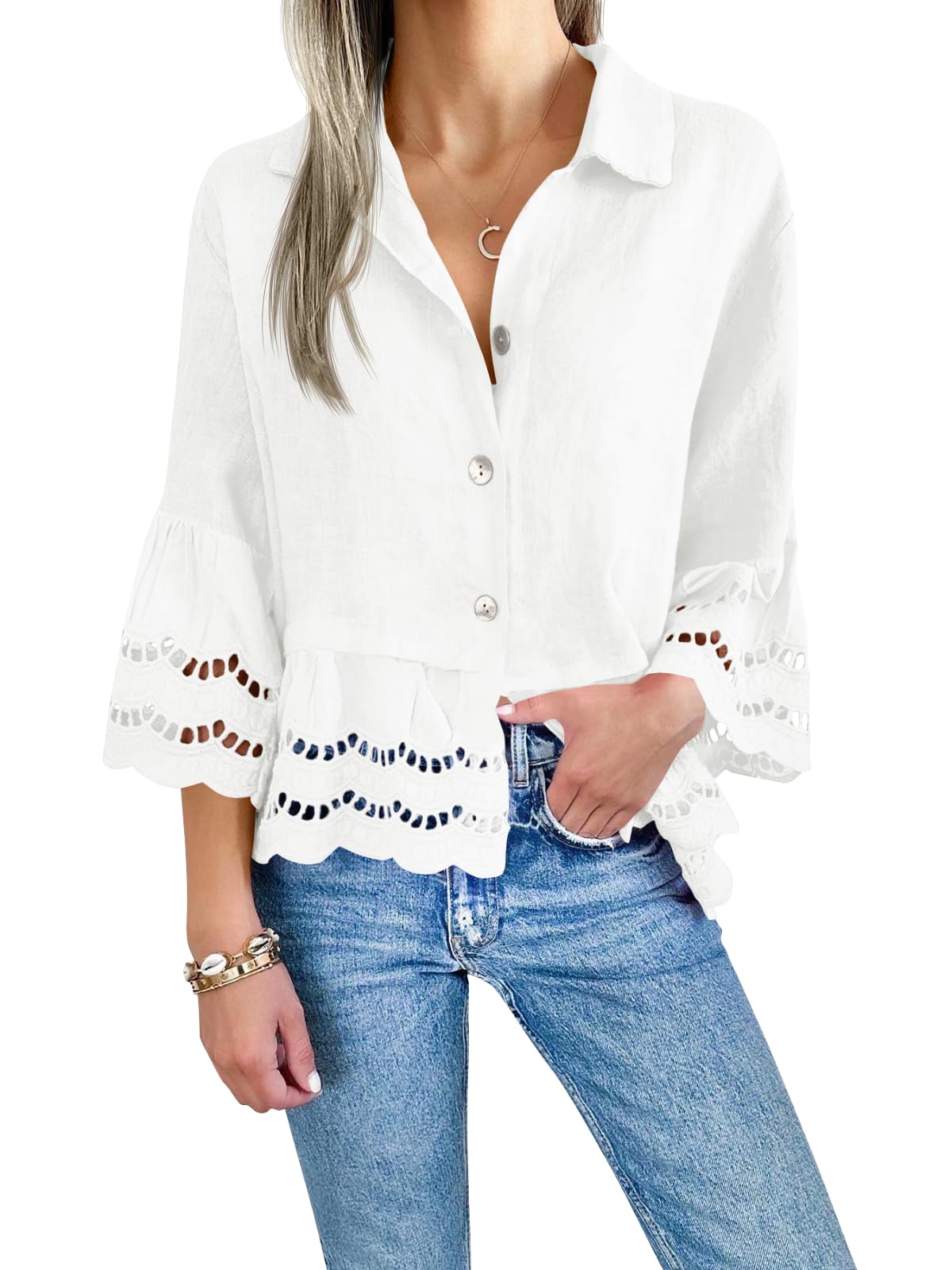 Damen-Bluse mit Ösen und Spitze (2 kaufen, kostenloser Versand)