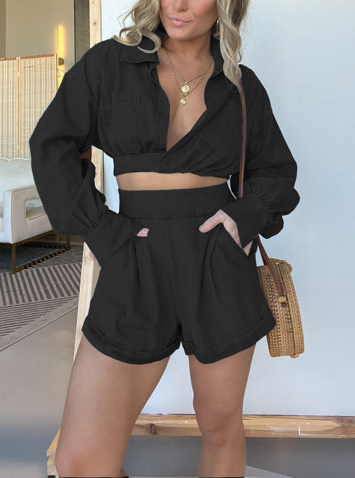 Langarm-Crop-Shirt und Shorts-Jeans-Set (2 kaufen, Versand gratis)