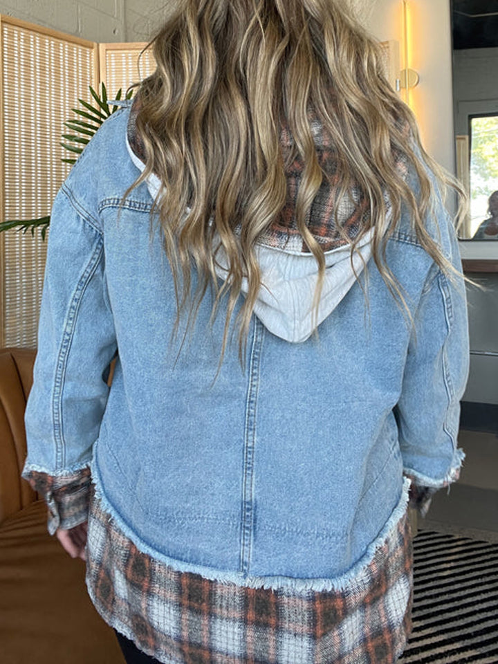 Karierte Kapuzen-Jeansjacke (2 kaufen, kostenloser Versand)