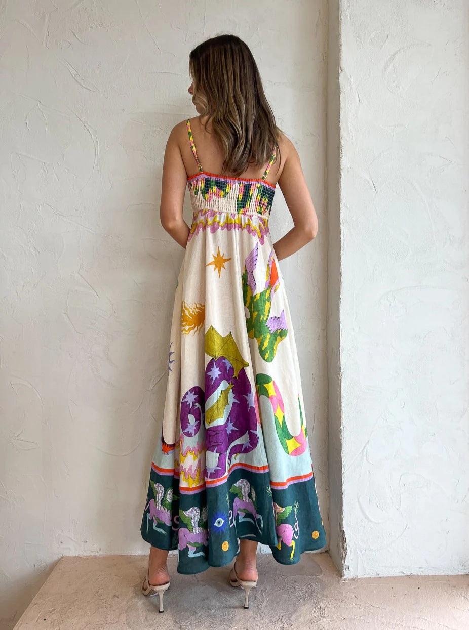 Midikleid aus Leinenmischung mit einzigartigem Print, gesmoktem Rückenteil und Taschen