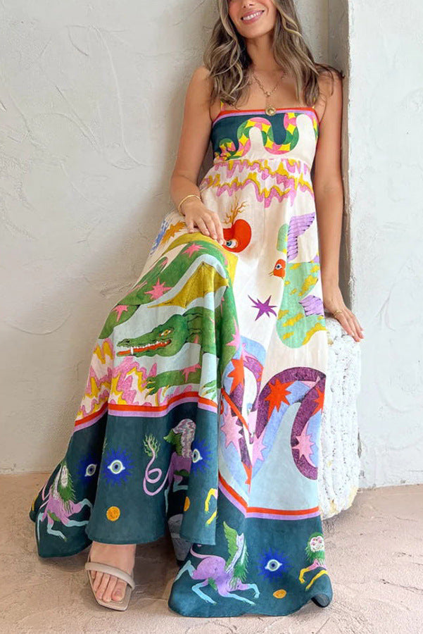 Midikleid aus Leinenmischung mit einzigartigem Print, gesmoktem Rückenteil und Taschen