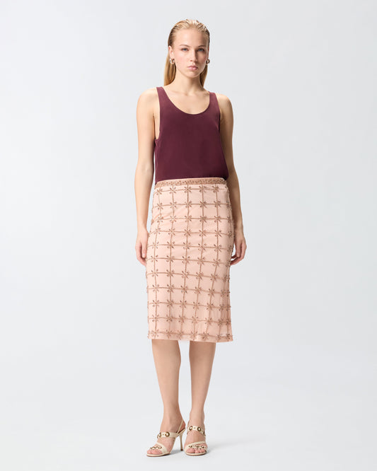 Mesh calf-length skirt with crystals