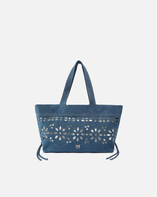 Medium shopper bag in denim with broderie anglaise