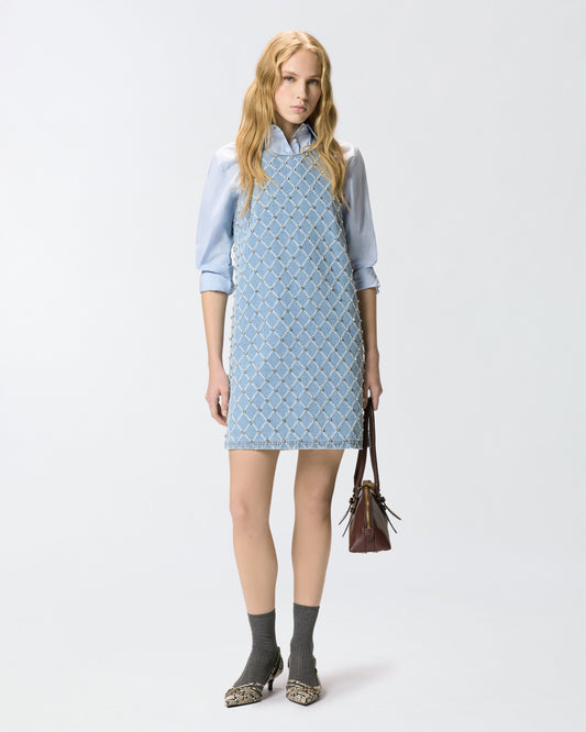 Denim mini dress with diamond and rhinestone motif
