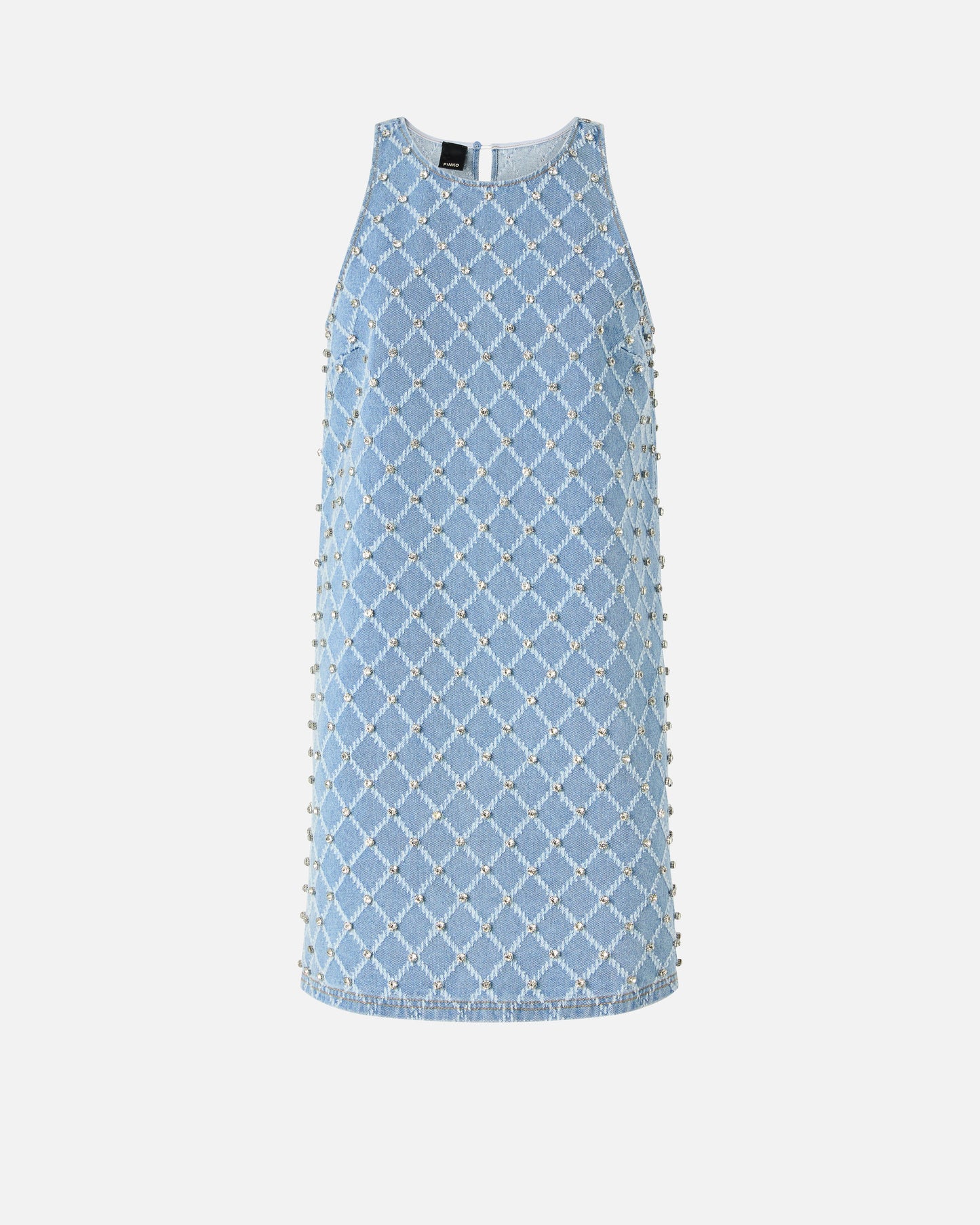 Denim mini dress with diamond and rhinestone motif