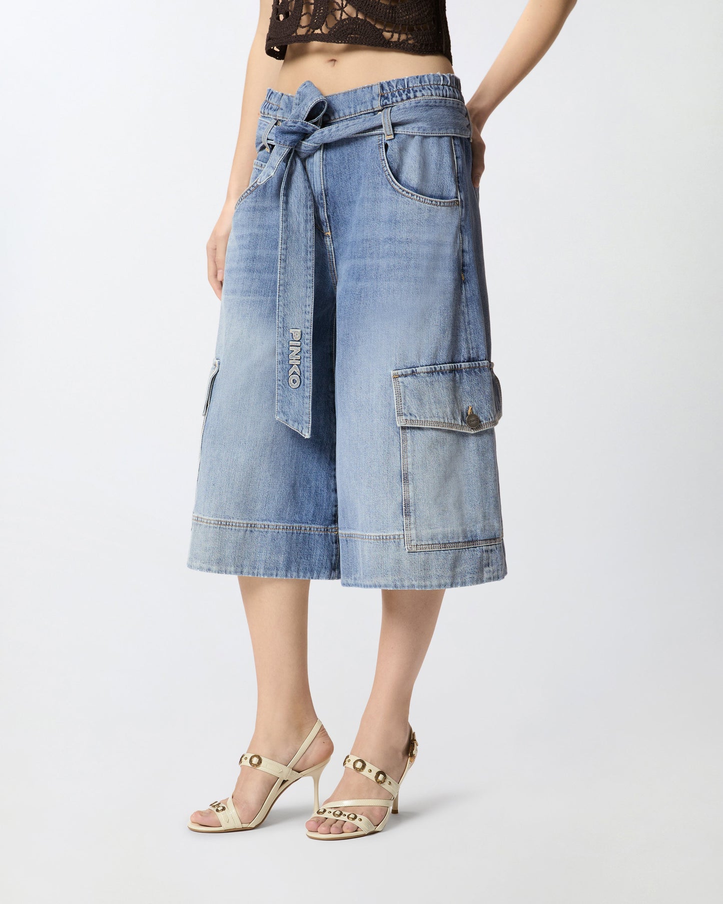 Denim utility Bermuda shorts with belt