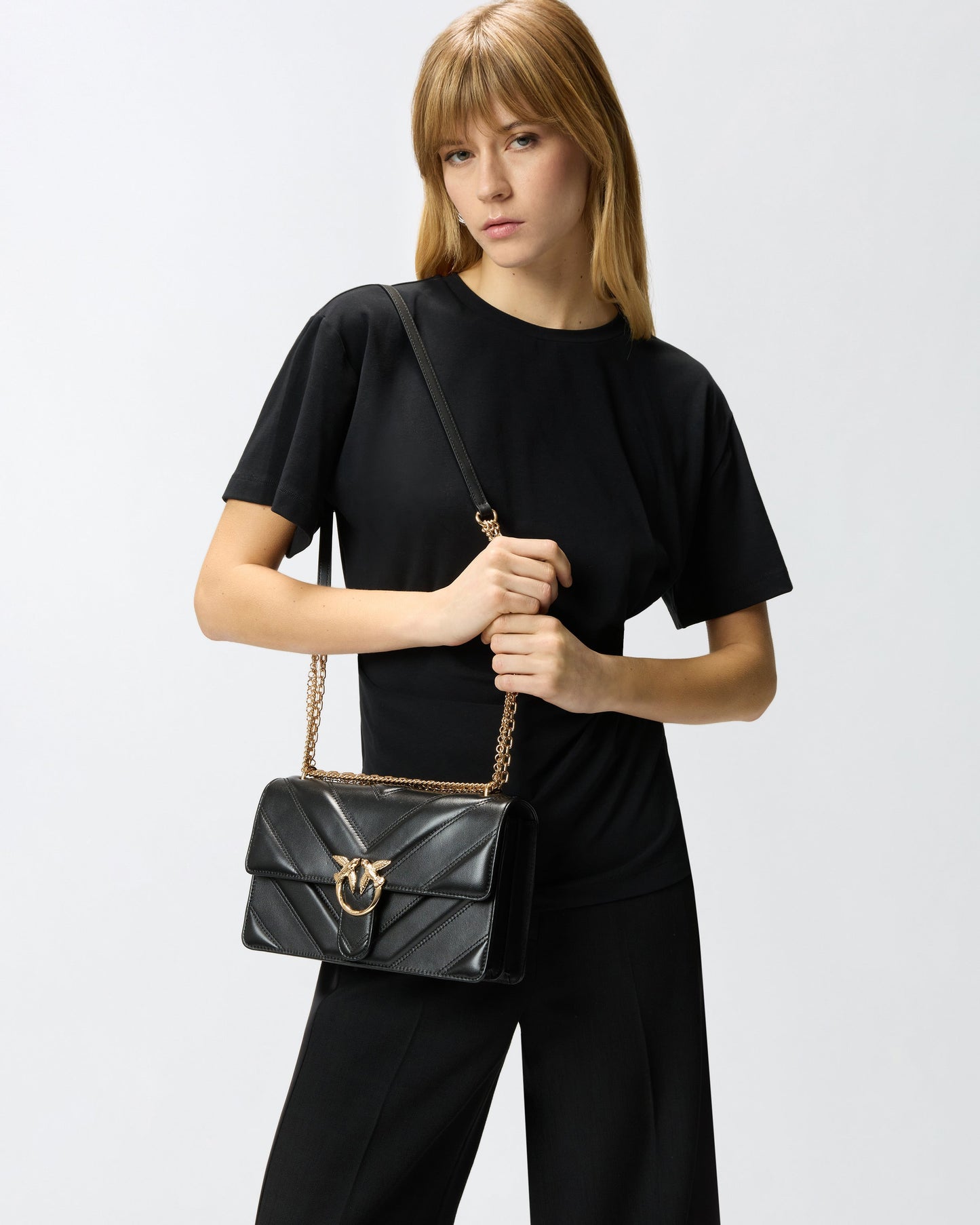 Love Bag One medium shoulder bag in chevron leather and nappa with triple chain