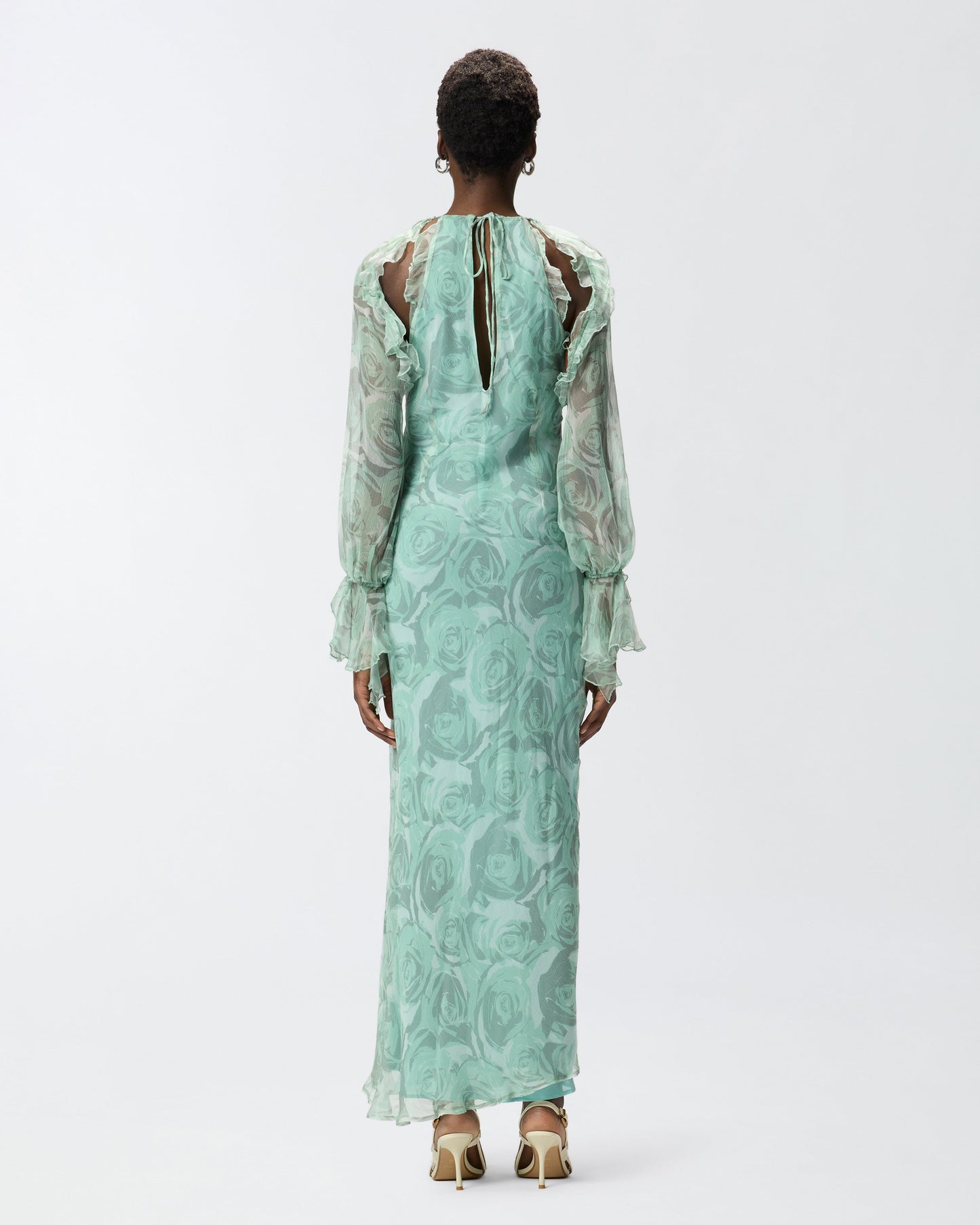 Silk midi dress with rose print and open shoulders