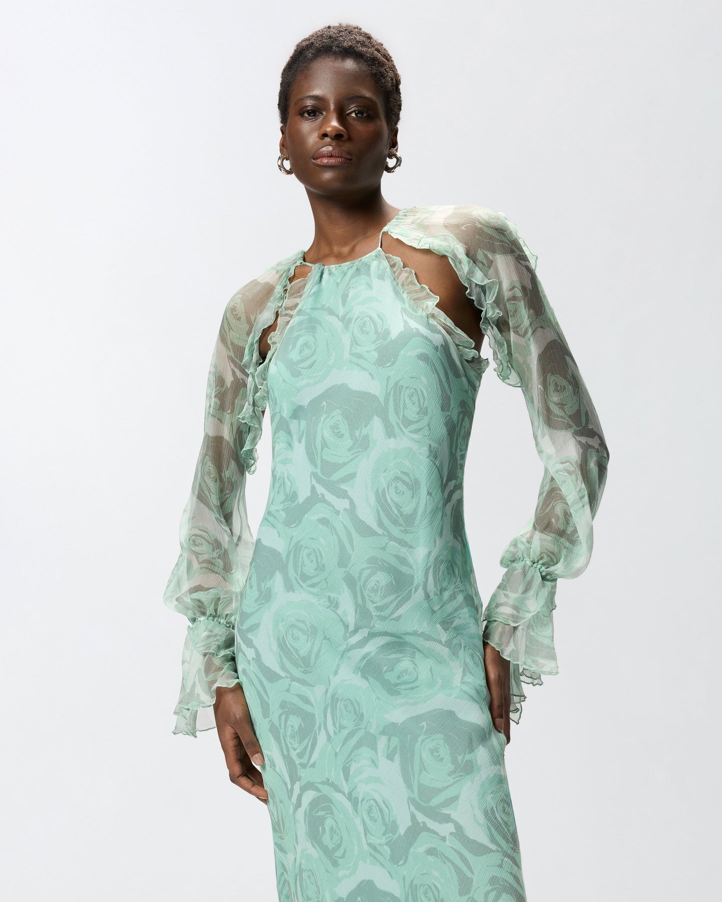Silk midi dress with rose print and open shoulders