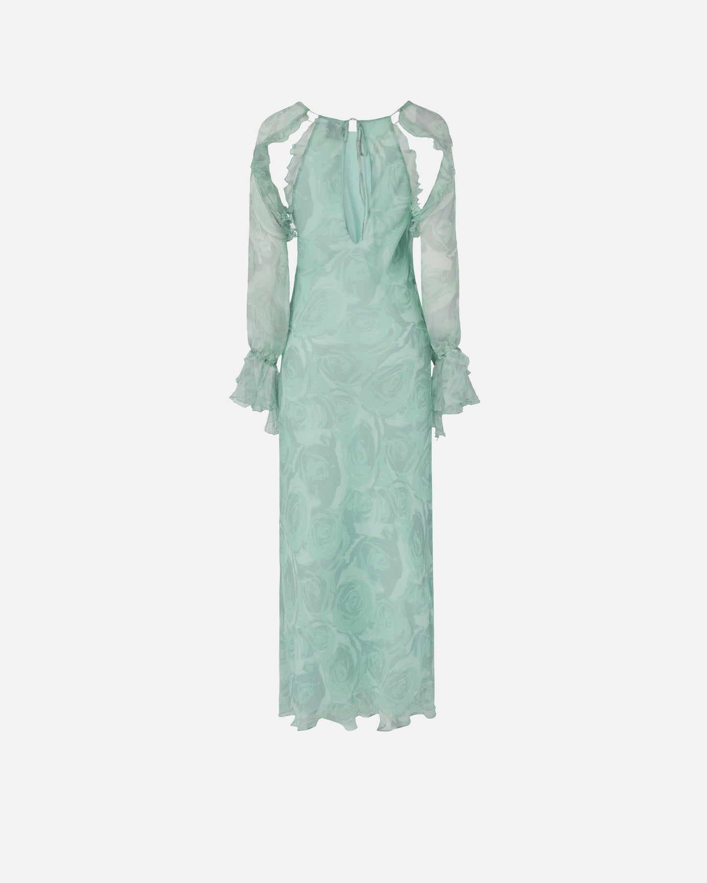 Silk midi dress with rose print and open shoulders