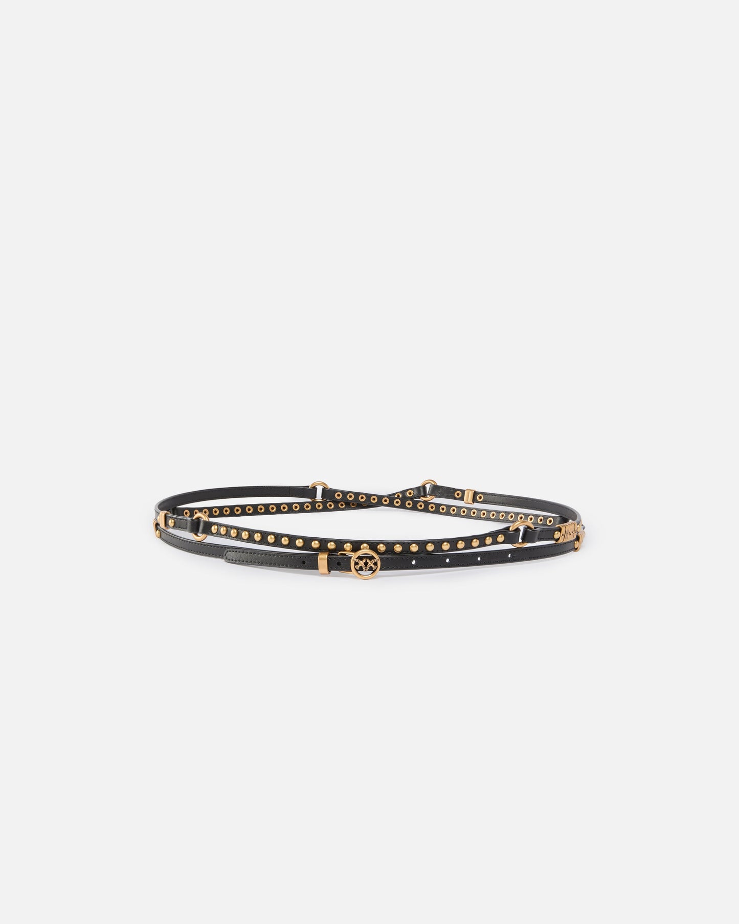 Double-wrap leather belt with studs and branded rings, 1 cm