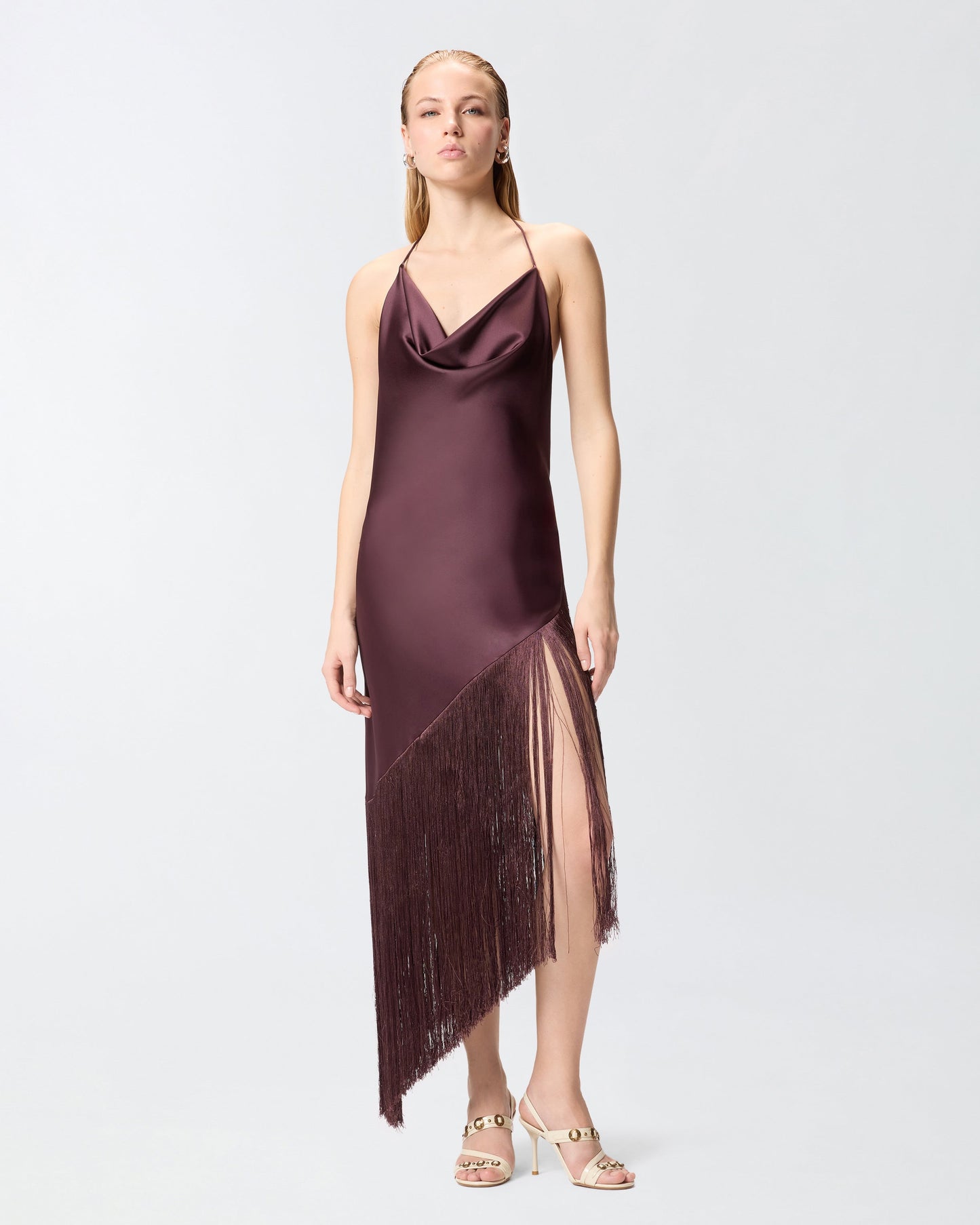 Asymmetrical top in satin with fringes
