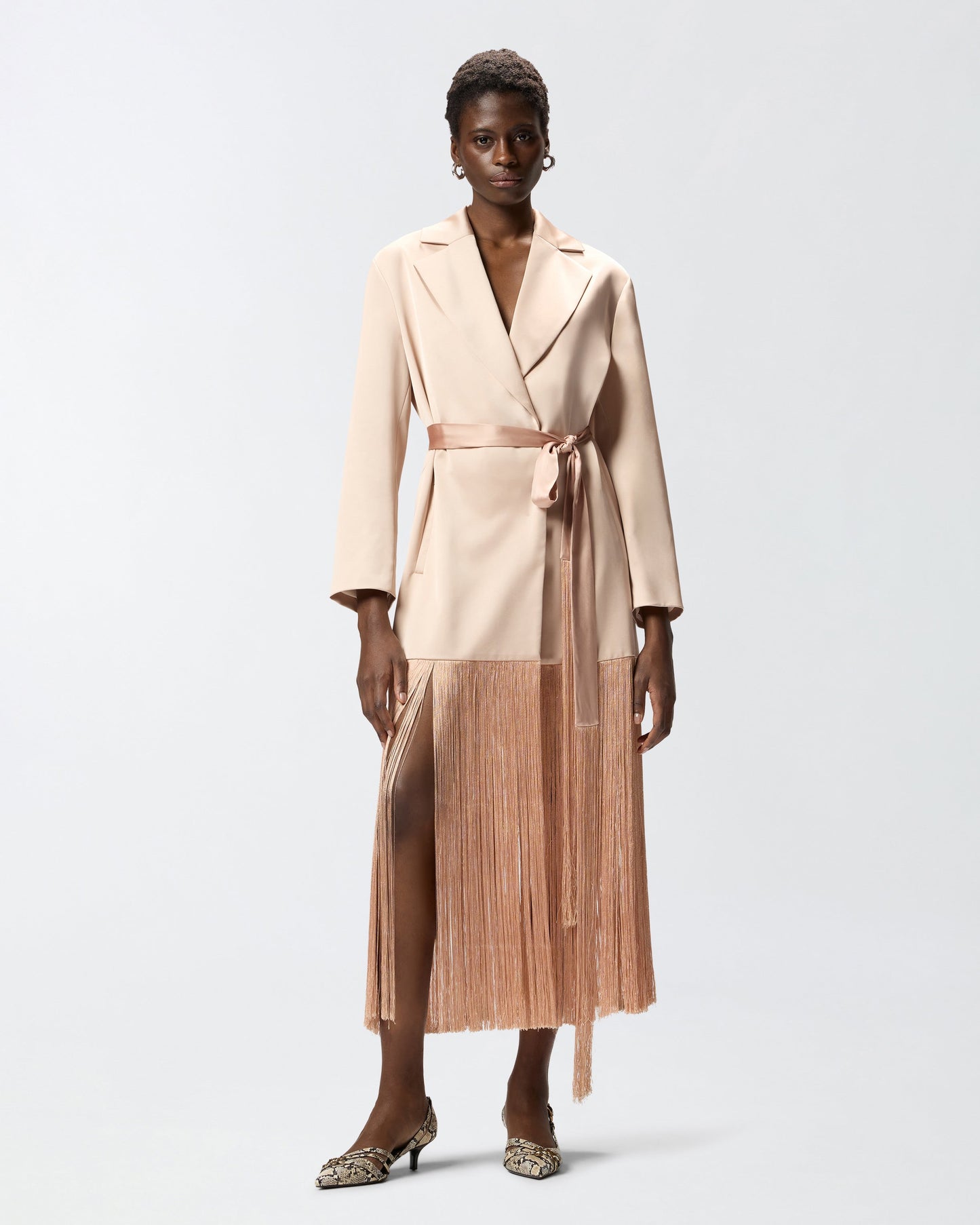 Satin trench coat with fringing