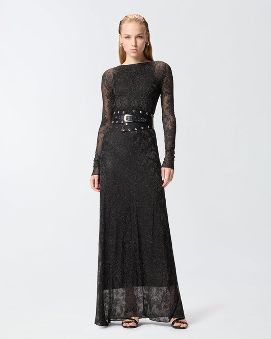 Long dress with mesh and floral lace