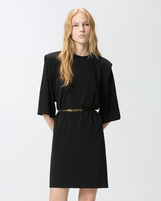 Mini dress with structured shoulders and chain