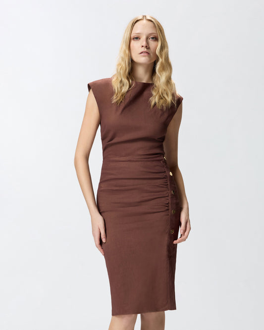 Slim-fitting calf-length dress in linen