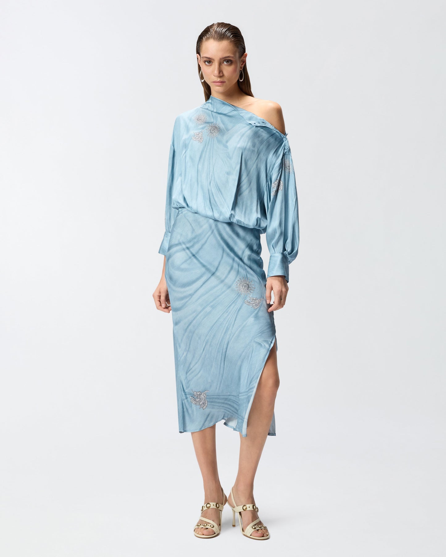 Fluid midi dress with placed jewel print