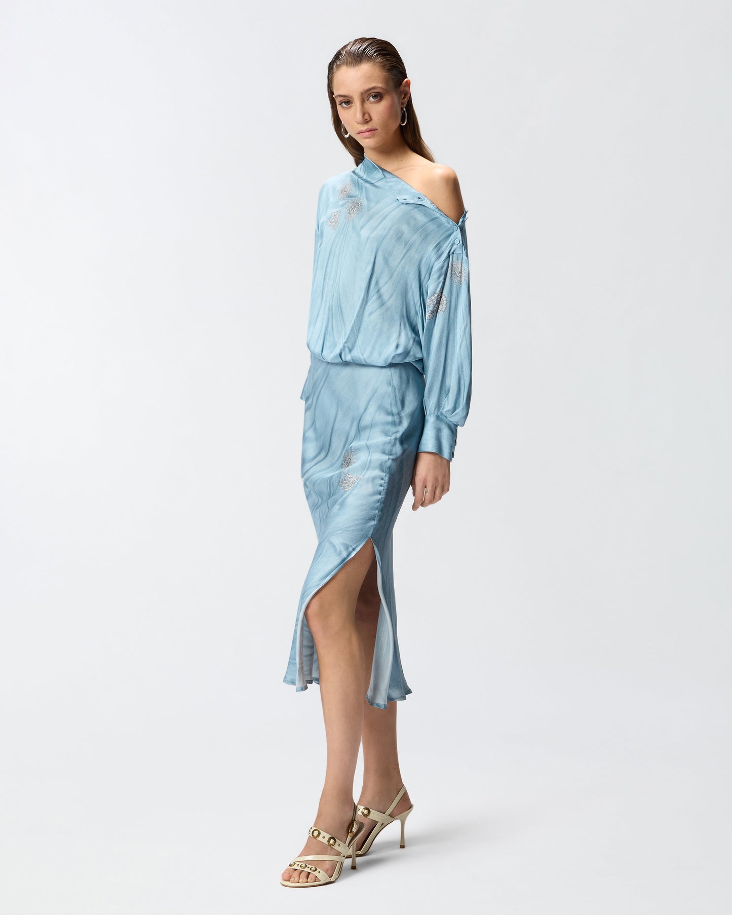 Fluid midi dress with placed jewel print